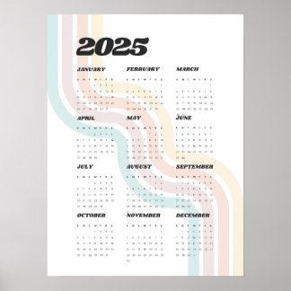 Calendrier de mur rétro 2025 - Poster de 18 po x 2