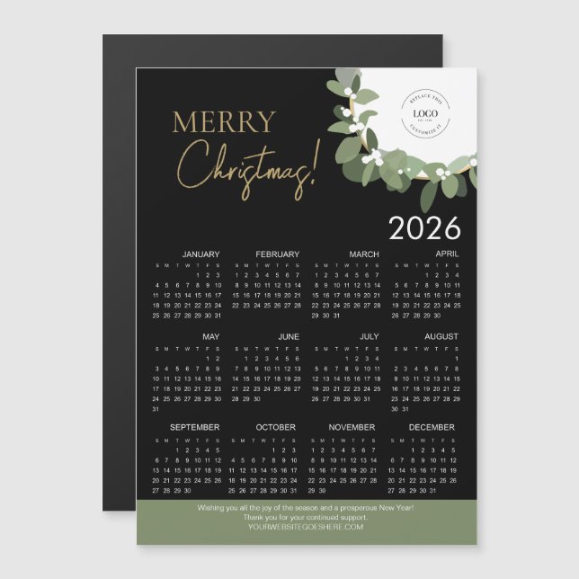 Calendrier de Noël 2026 Moderne Noir et Or (Devant / Derrière)