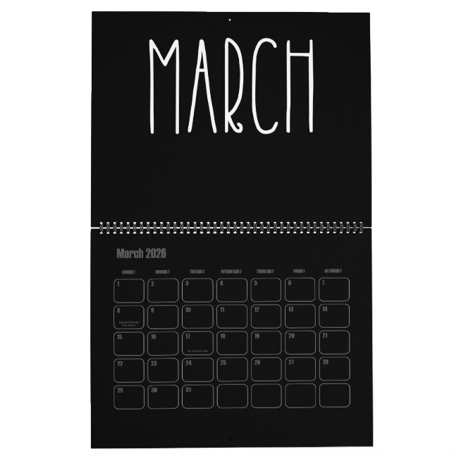 Calendrier de remplissage moderne noir et blanc (Mar 2026)