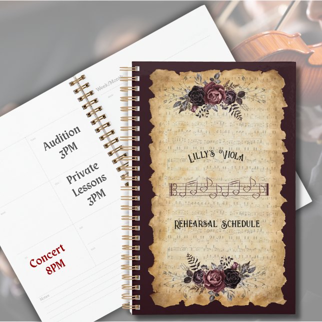 Calendrier de répétition d'alto classique antique (Stay on track for orchestra season with a custom alto clef viola rehearsal planner.)