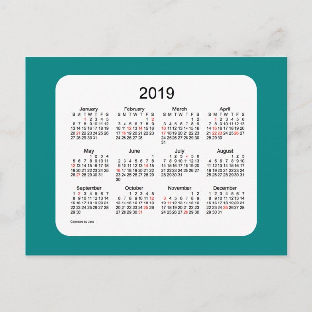 Calendrier de vacances 2019 par Janz Teal Carte po (Devant)