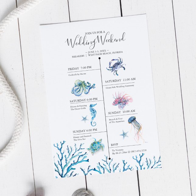 Calendrier de week-end de mariage à la plage à l'a (Wedding weekend illustrated itinerary invitation watercolor ocean creatures Victoria Grigaliunas )