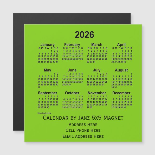 Calendrier des affaires vert jaune 2026 par Janz (Devant / Derrière)