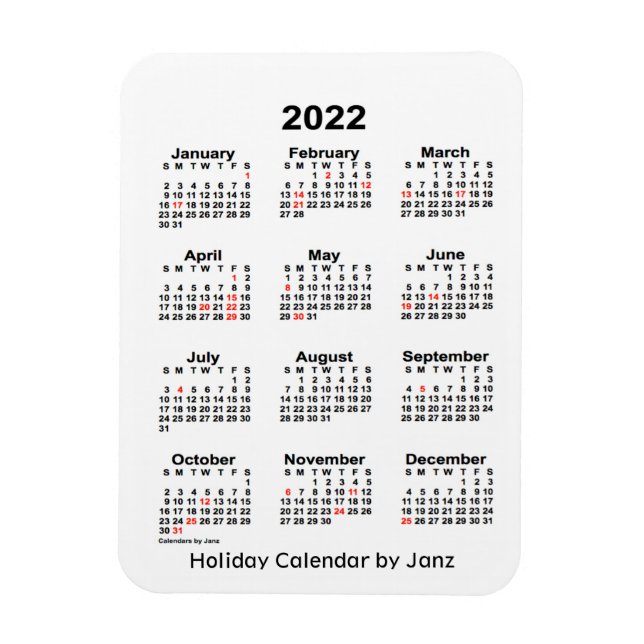 Calendrier des Fêtes Blanches 2022 par Janz Magnet (Vertical)