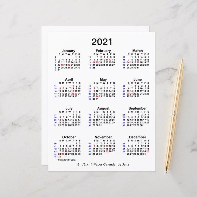 Calendrier des fêtes de 52 semaines 2021 par Janz  (Devant/Arrière en situation)