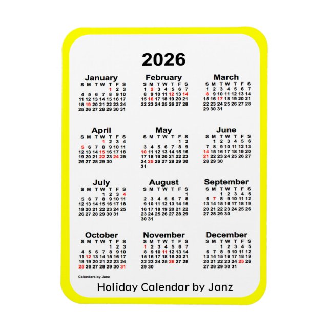 Calendrier des Fêtes Jaunes 2026 par Janz Magnet (Vertical)