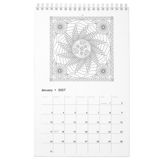 Calendrier des pages de coloriage Mandala en noir  (Jan 2027)