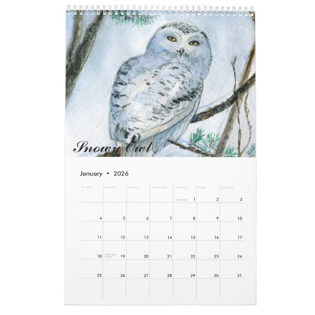 Calendrier des peintures des chouettes aquarelles  (Jan 2026)
