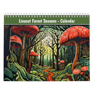 Calendrier des saisons forestières en linogravure