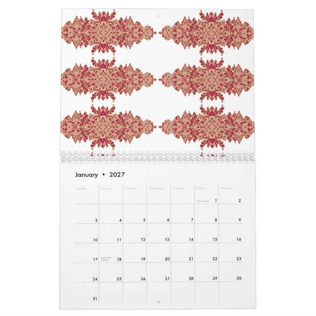 Calendrier Design floral rouge et orange avec graphique ornem (Jan 2027)