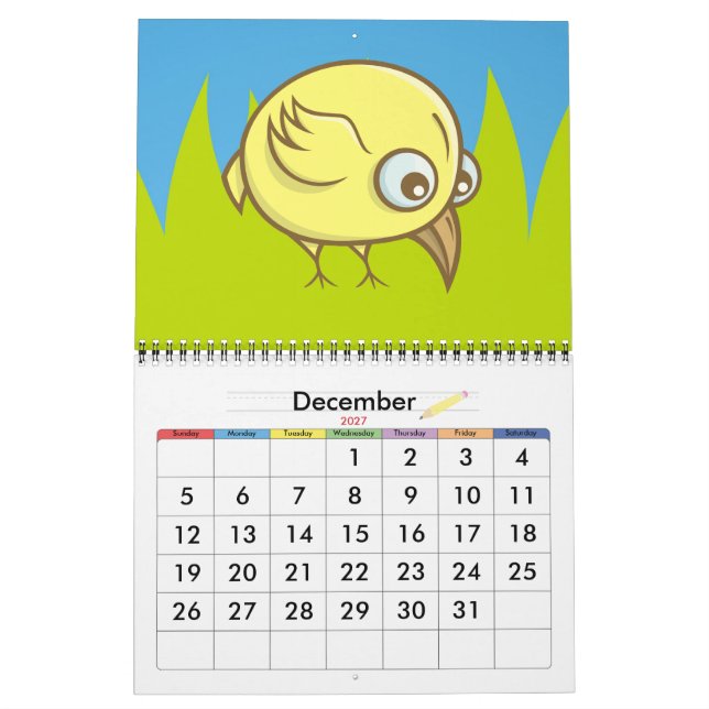 Calendrier Dessin animé d'oiseau jaune (Dec 2027)