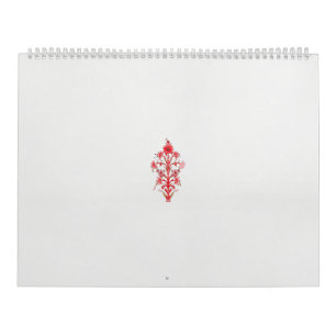 Calendrier dessin d'une fleur rouge et feuille sur un ba blan