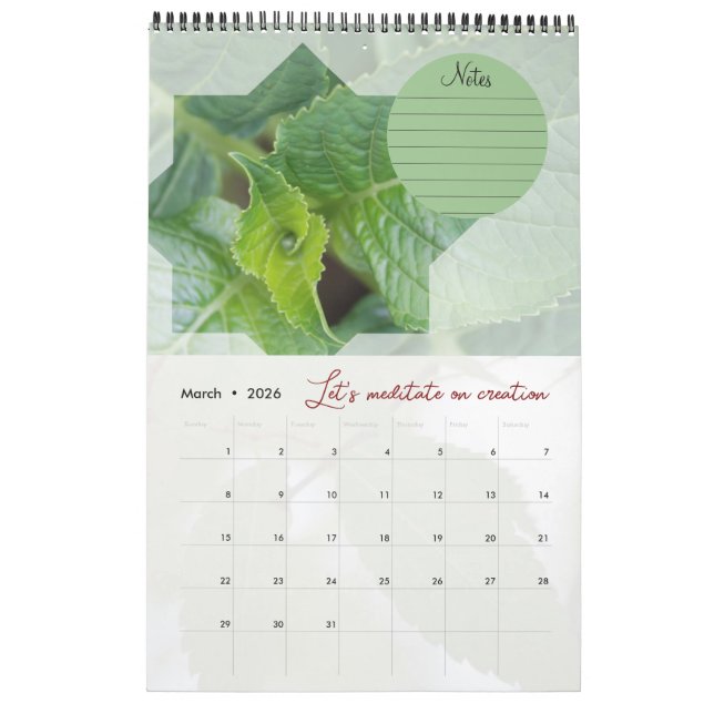 Calendrier Dieu méditation jardin : étoile & notes (Mar 2026)