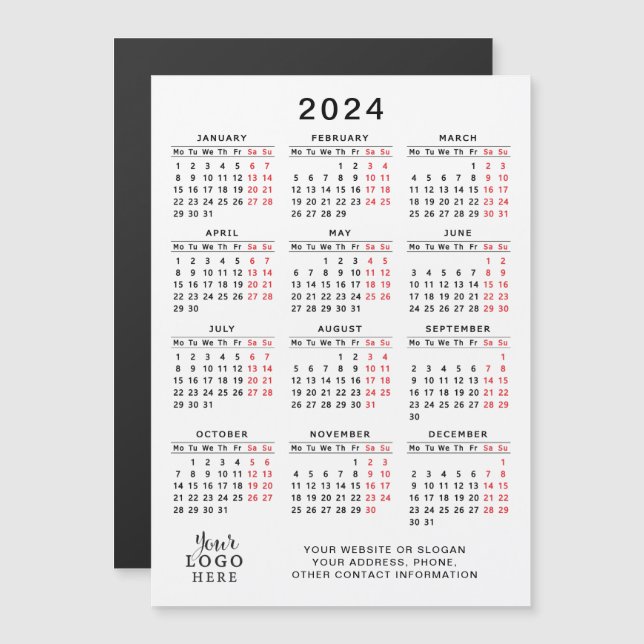 Calendrier du logo commercial 2024 Magnet blanc no (Devant / Derrière)