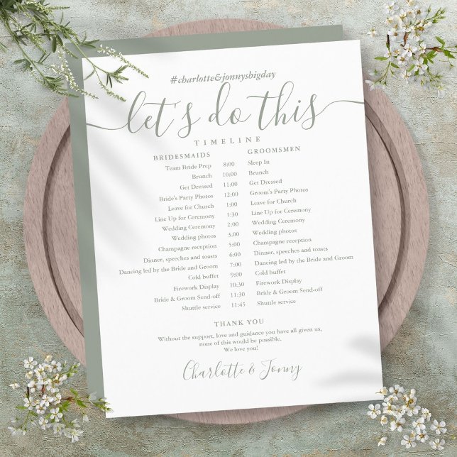 Calendrier du Mariage de script vert Sage (Sage Green Script Wedding Schedule Timeline)