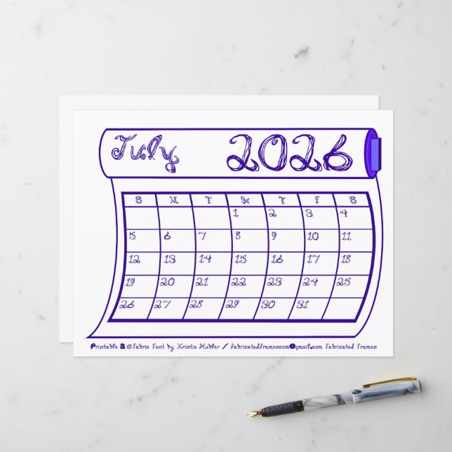 Calendrier du mois de juillet 2026 Bleu Fonte de t (Devant/Arrière en situation)