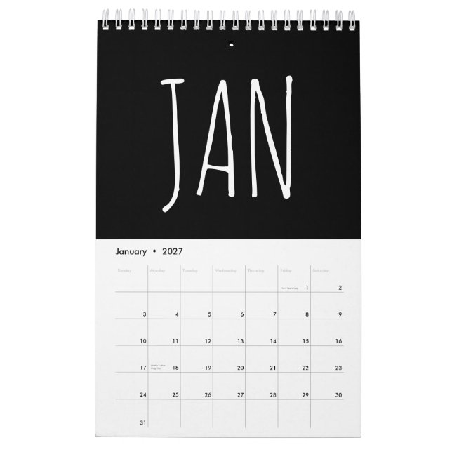 Calendrier Écriture calligraphique en noir et blanc  (Jan 2027)