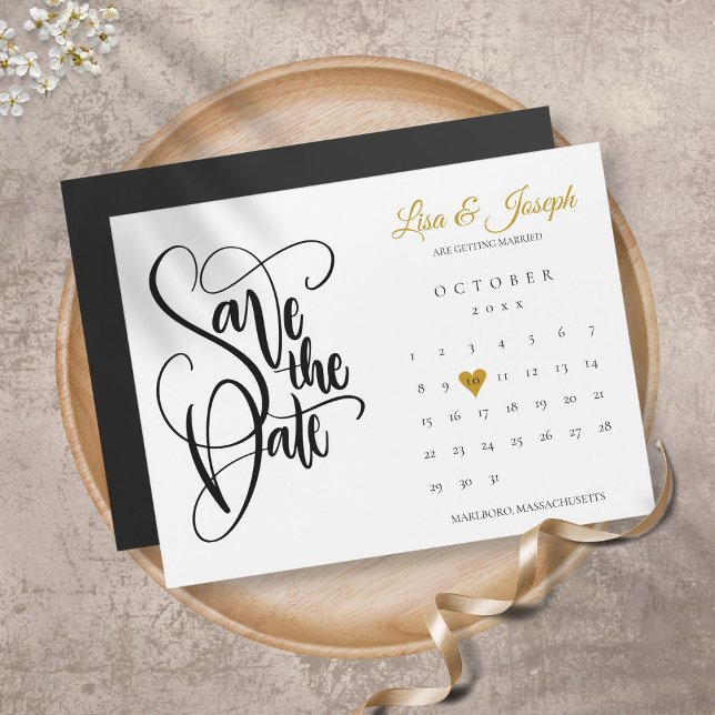 Calendrier Écriture Cœur Doré Mariage Enregistrez  (Créateur téléchargé)
