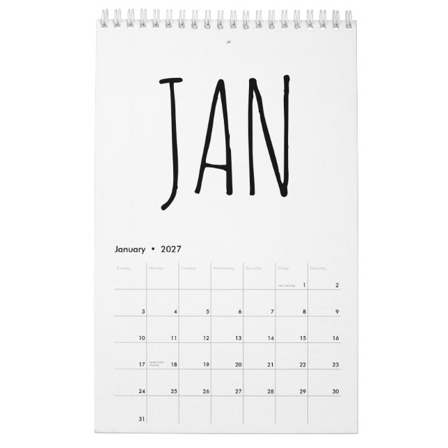 Calendrier Écriture simple en noir et blanc (Jan 2027)