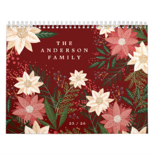 Calendrier Élégant Maroon Nom de famille Poinsettia Noël