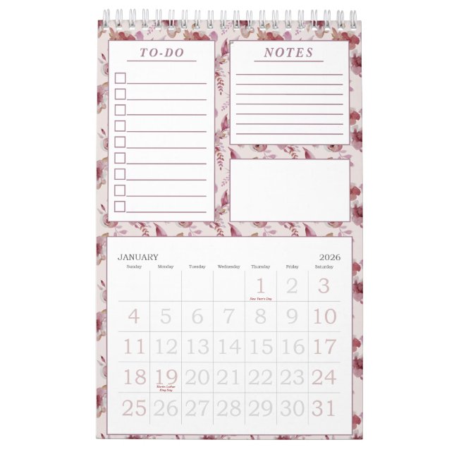 Calendrier Élégant Mauve rose Floral Modèle Mois Planificateu (Jan 2026)