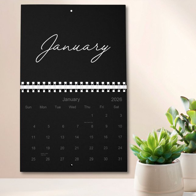 Calendrier Élégant Moderne Noir et Blanc Script 2027 (In situ)