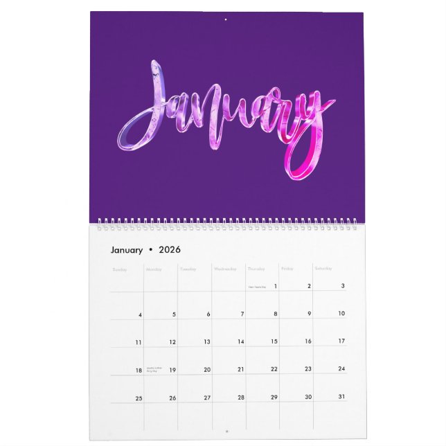 Calendrier Élégant Pink Purple Typographie Script Moderne (Jan 2026)