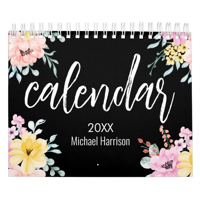 Calendrier Elégante aquarelle florale noir et blanc 2025 (Protection)