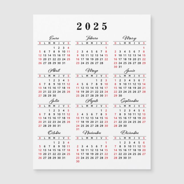 Calendrier espagnol 2025 Blanc Noir Rouge (Devant)