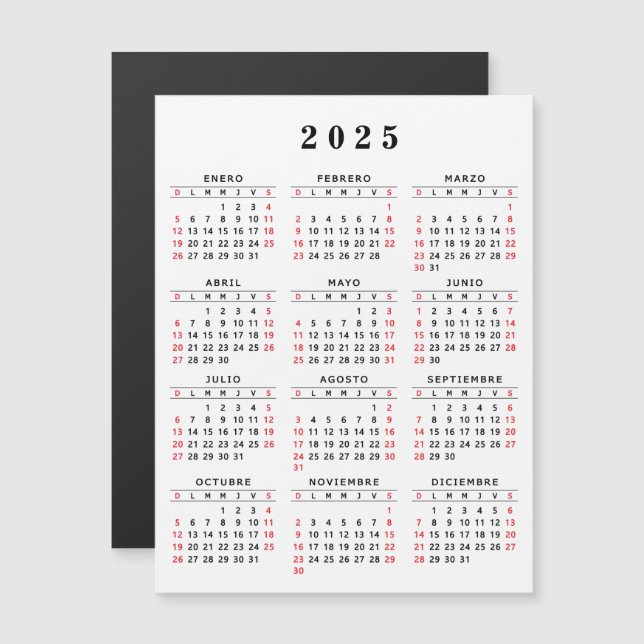 Calendrier Espagnol 2025 Rouge noir blanc (Devant / Derrière)