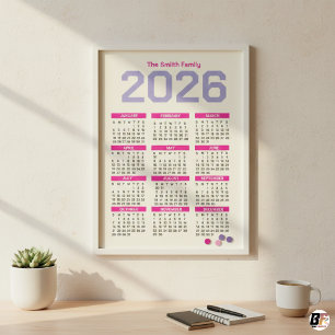 Calendrier familial annuel rose et violet moderne