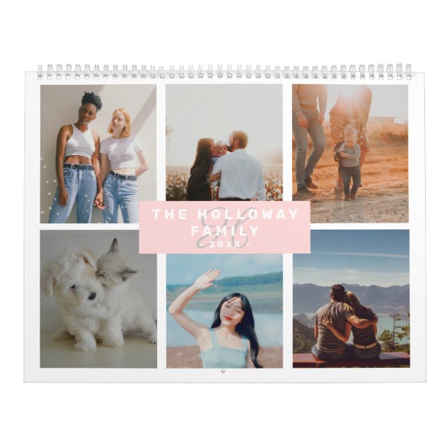 Calendrier Famille moderne monogramme nom rose 18 photos coll (Protection)