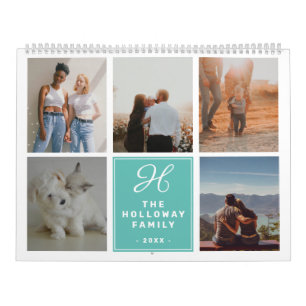 Calendrier Famille moderne nom monogramme turquoise 17 photos