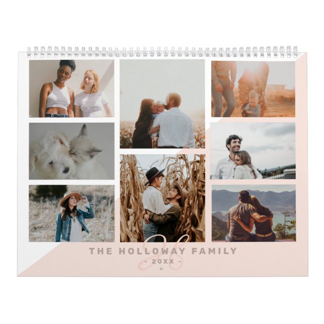 Calendrier Famille rose monogramme nom blush 20 photo collage (Protection)
