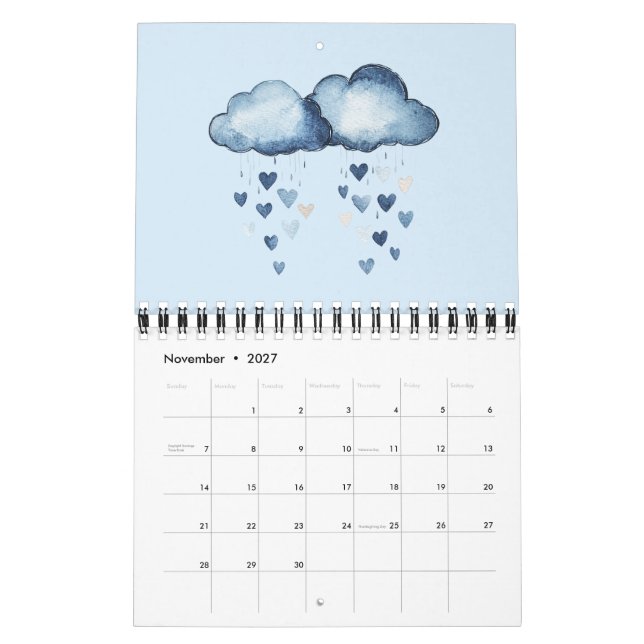 Calendrier Fausse Denim Bleu Jean Cœurs Rayures Fleurs (Nov 2027)