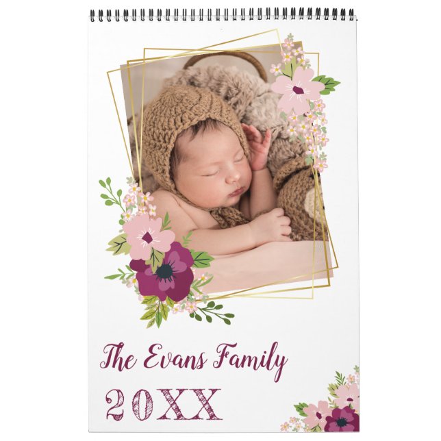 Calendrier Faux Gold Geo Frames Floral Photos & Notes (Protection)
