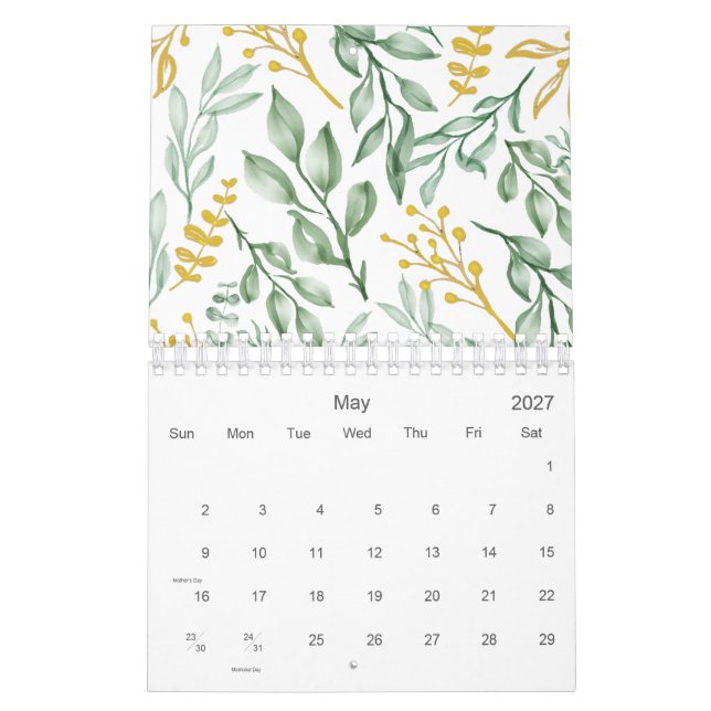 Calendrier Feuilles verts et Floral jaune doré 2026 (Mai 2027)