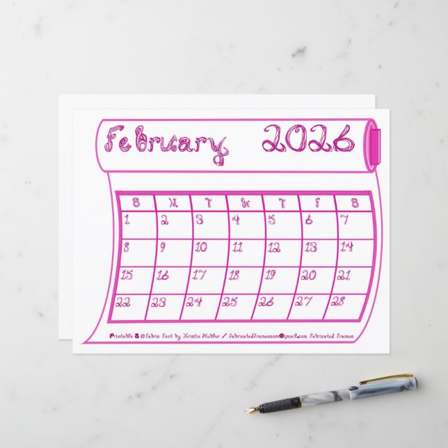 Calendrier février 2026 Papier Fonte Tissu Rose Bo (Devant/Arrière en situation)
