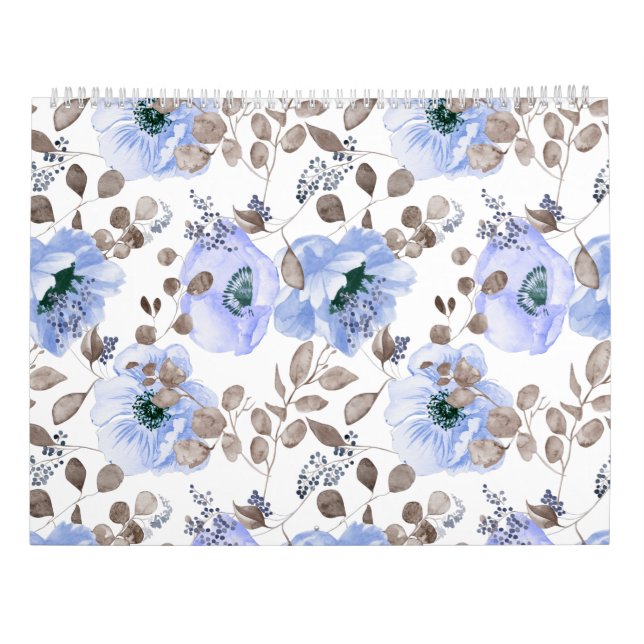 Calendrier Fleurs Aquarelles Bleues Chic (Dos)