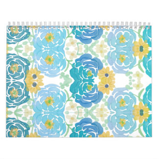 Calendrier Fleurs aquarelles bleues et jaunes