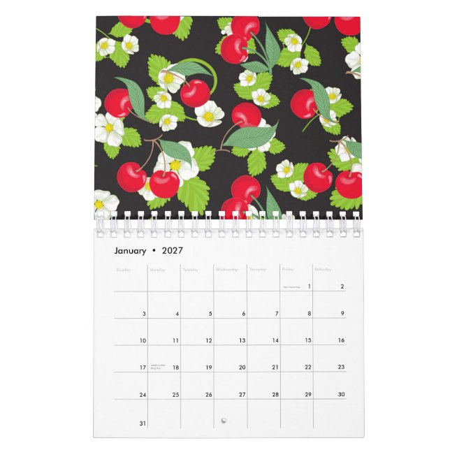 Calendrier Fleurs blanches jolies feuilles vertes fruit ceris (Jan 2027)
