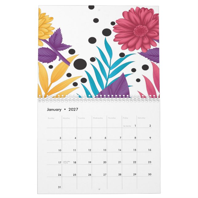 Calendrier Fleurs coupées roses et violettes avec pétales com (Jan 2027)