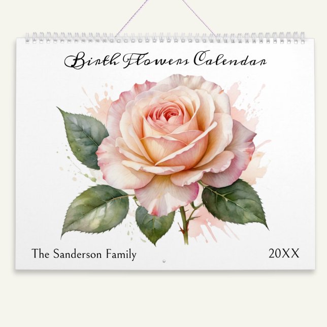 Calendrier Fleurs de mois de naissance aquarelle personnalisé (A very pretty calendar with the theme of 'Birth Flowers', each illustrated in a watercolor style)