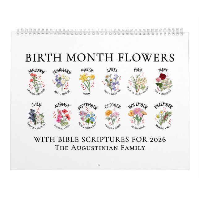 Calendrier FLEURS DU MOIS DE NAISSANCE 2026 Verset de la Bibl (Protection)