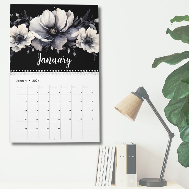 Calendrier Fleurs Élégantes Noir et Blanc à l'aquarelle (Chic Elegant Black White Watercolor Floral Calendar)