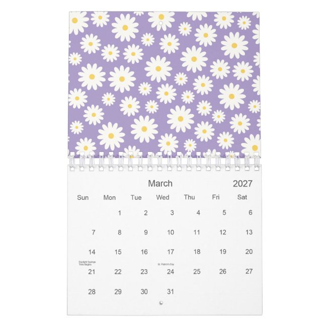 Calendrier Fleurs marguerites blanches Motif violet 2026 (Mar 2027)
