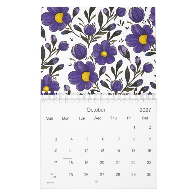 Calendrier Fleurs violettes bleues avec Feuilles 2026 (Oct 2027)
