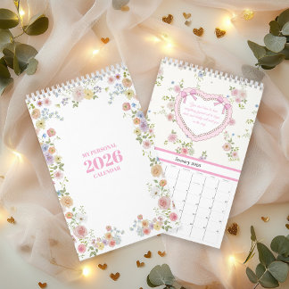 Calendrier floral aquarelle pastel 2026 avec citat