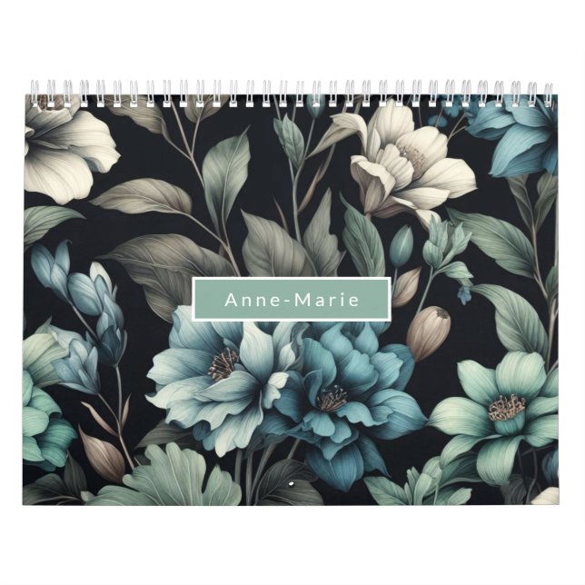 Calendrier Floral moderne bleu noir girly élégant élégant (Protection)