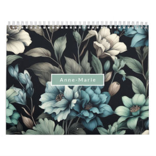 Calendrier Floral moderne bleu noir girly élégant élégant